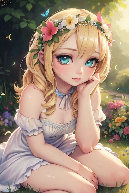 1girl, portrait, garden, flowers, butterflies, hummingbirds, bees, sitting on grass, flower crown, blonde hair, green eyes, pale skin, white dress, barefoot, (best quality,4k,8k,highres,masterpiece:1.2), ultra-detailed, (realistic,photorealistic,photo-realistic:1.37), surreal, hyper detailed, fantasy, vibrant colors, dramatic lighting, volumetric lighting, beautiful detailed eyes, beautiful detailed lips, extremely detailed eyes and face, long eyelashes, mystical, ethereal