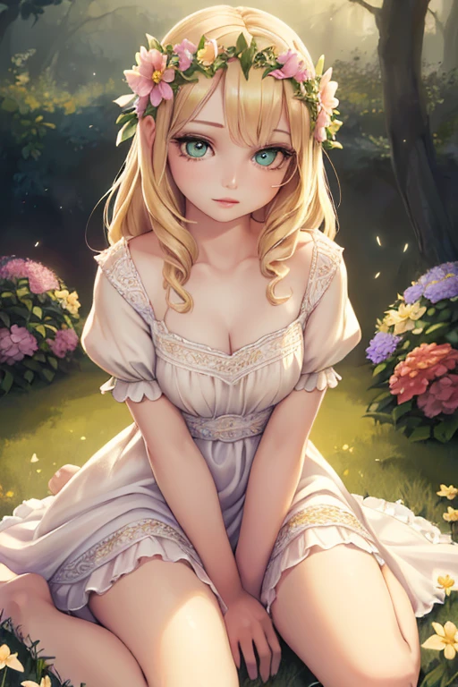 1girl, portrait, garden, flowers, butterflies, hummingbirds, bees, sitting on grass, flower crown, blonde hair, green eyes, pale skin, white dress, barefoot, (best quality,4k,8k,highres,masterpiece:1.2), ultra-detailed, (realistic,photorealistic,photo-realistic:1.37), surreal, hyper detailed, fantasy, vibrant colors, dramatic lighting, volumetric lighting, beautiful detailed eyes, beautiful detailed lips, extremely detailed eyes and face, long eyelashes, mystical, ethereal