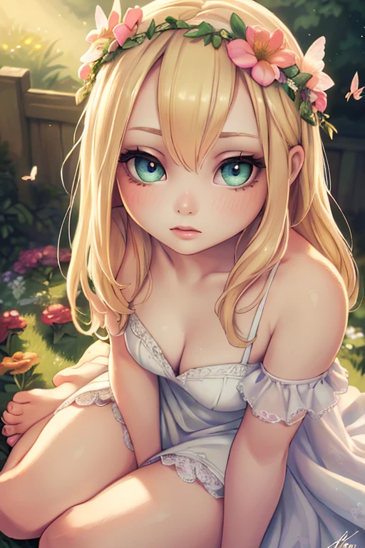 1girl, portrait, garden, flowers, butterflies, hummingbirds, bees, sitting on grass, flower crown, blonde hair, green eyes, pale skin, white dress, barefoot, (best quality,4k,8k,highres,masterpiece:1.2), ultra-detailed, (realistic,photorealistic,photo-realistic:1.37), surreal, hyper detailed, fantasy, vibrant colors, dramatic lighting, volumetric lighting, beautiful detailed eyes, beautiful detailed lips, extremely detailed eyes and face, long eyelashes, mystical, ethereal