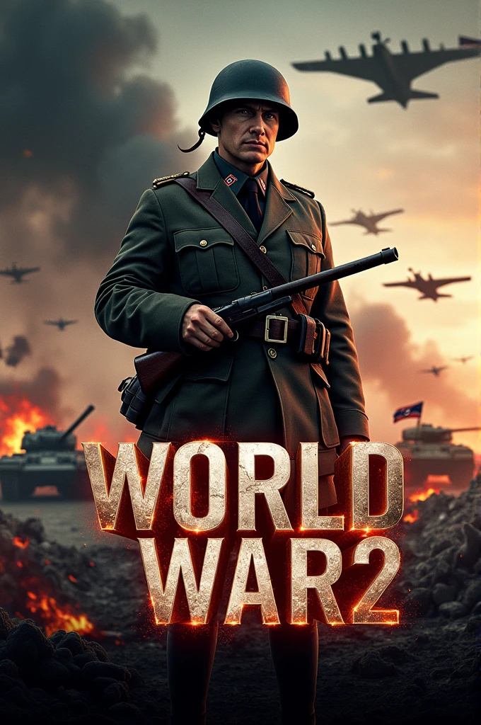 Create a YouTube thumbnail about “World War 2” with a dramatic and intense visual style. The background should include a war-torn battlefield scene with smoke, explosions, and debris. Place iconic symbols like a broken Nazi flag, tanks, and soldiers charging. On one side, depict a soldier in a helmet with a determined expression, gripping a rifle. On the opposite side, show a warplane in mid-flight with bullets or missiles shooting out. Use bold, large text for the title “World War 2” in strong, metallic, or distressed font, with a fiery glow or shadow for emphasis. The overall color scheme should have dark, moody tones, with flashes of orange and red to convey action and urgency. The thumbnail should feel epic, historical, and gripping.