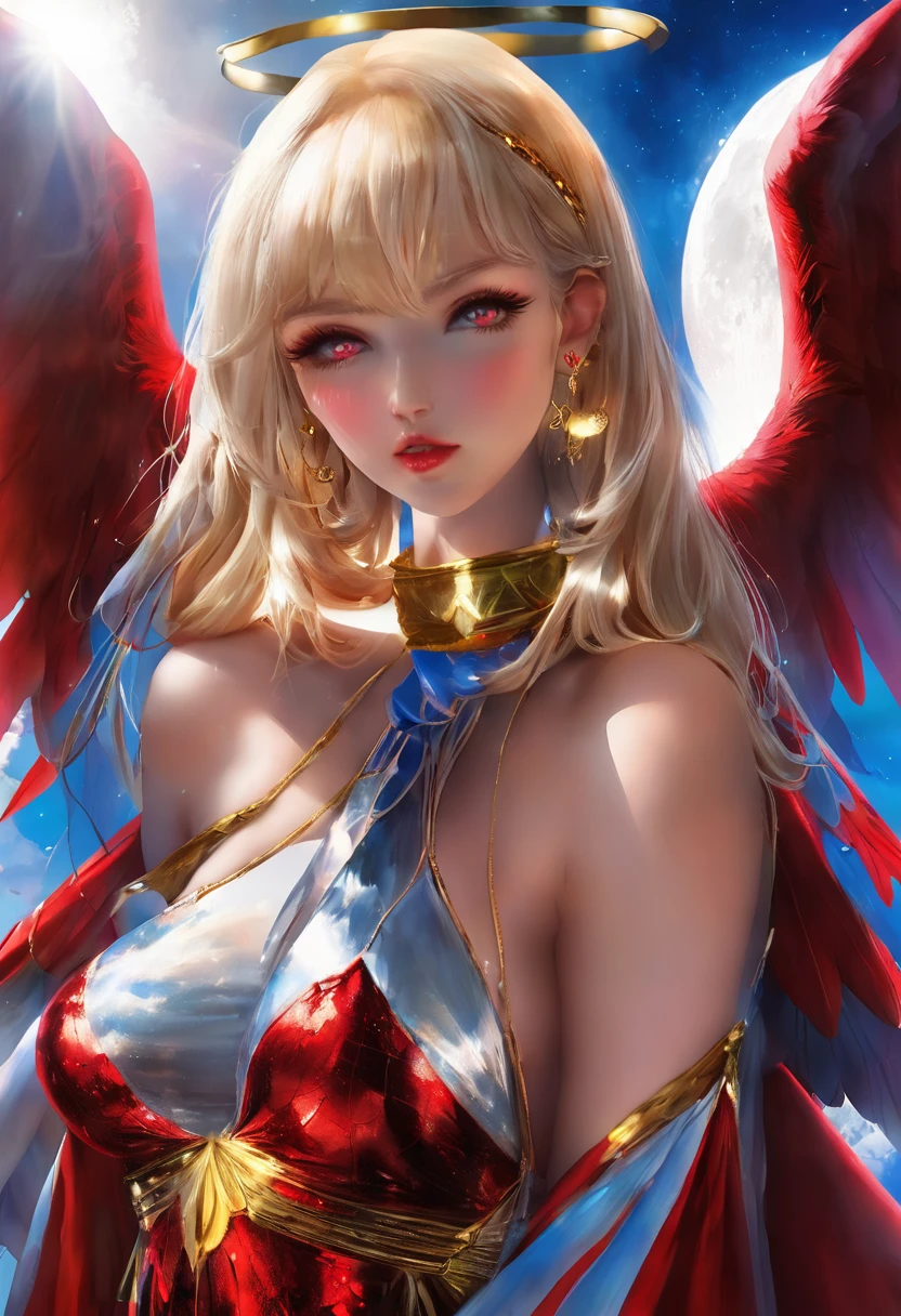 young girls 3 small 3 blondes 3 kissing breasts flying silver gold suit with wings magic huge moon and full sun giant red enchantment giant red blue moons