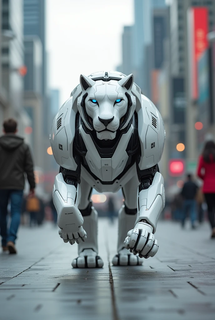 A lion with metal body color white while running in public place