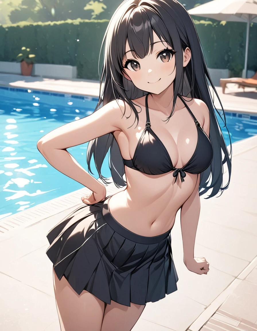 Girl, cute, adorable, smiling, straight hair, long hair, black hair, standing, Swayback stance, looking at the camera, From the front, from thighs to head, pool, daylight,Skirt-style-bikini