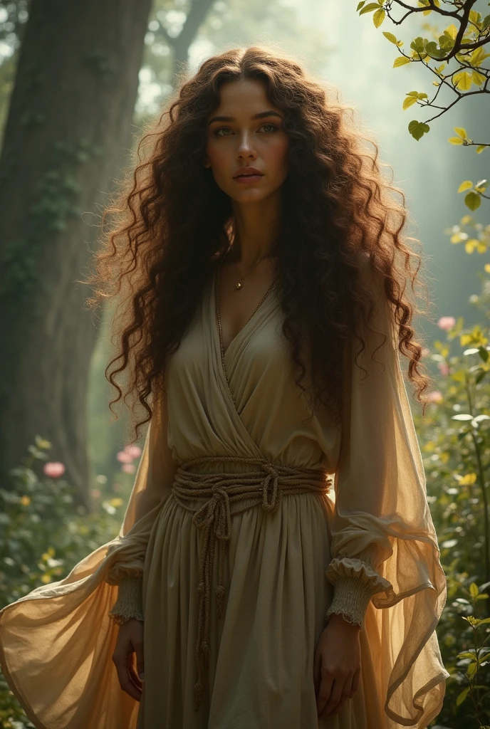 woman with voluminous curly hair, with a brown dress, and witch