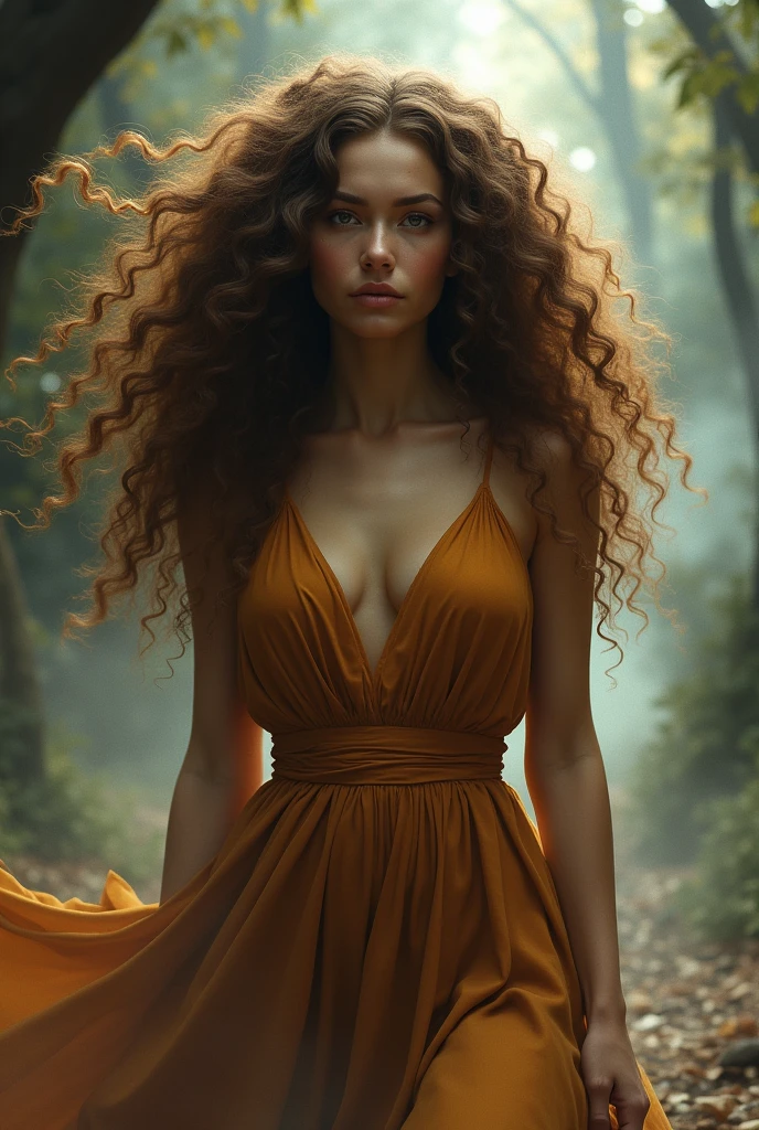 woman with voluminous curly hair, with a brown dress, and witch