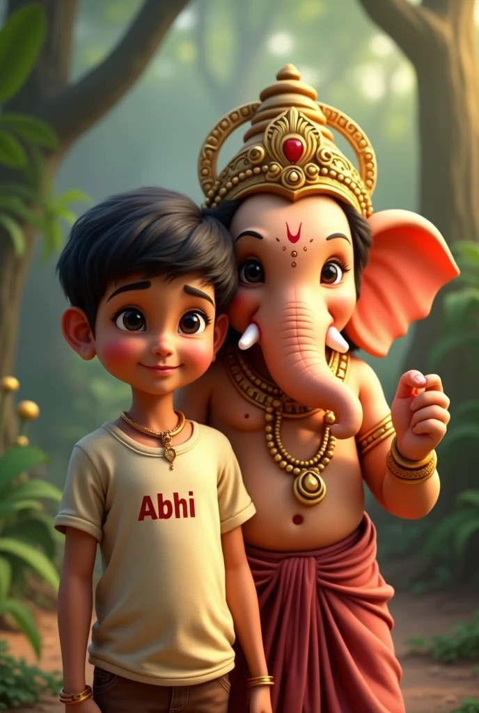 A boy standing with ganesha,boy t shirt name,abhi