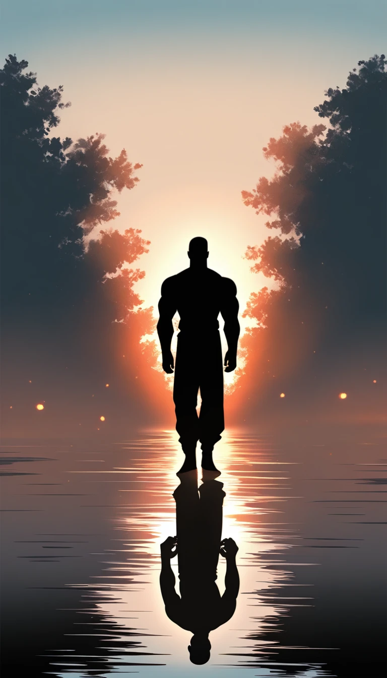 A Strong Buddhist muscular man stands in the smoke, Black jumpsuit, Very tight, Silhouette effect, Tall muscular man, Priapus, Dark Black, Dark black skin, Buzz Cut, His muscles are very developed, Very tall, short hair, Blend into the smoke, Lake, Reflection, Sunset, Sunset, Man silhouette, Chinese, black and white, Simple style
