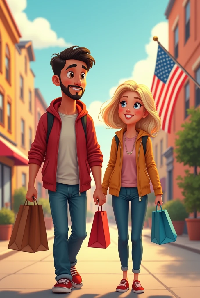 Disney pixar style cover, a couple with shopping bags, He is a beardless Latino with short, wavy hair, She is white with blonde balayage on her hair, In the distance behind you can see the flag of the United States