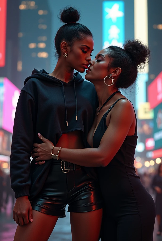 black woman hair in a bun black hoodie black leather short shorts old ugly woman standing behind her up against her wearing a dress with her arms around her waist kissing her neck           time square new york city