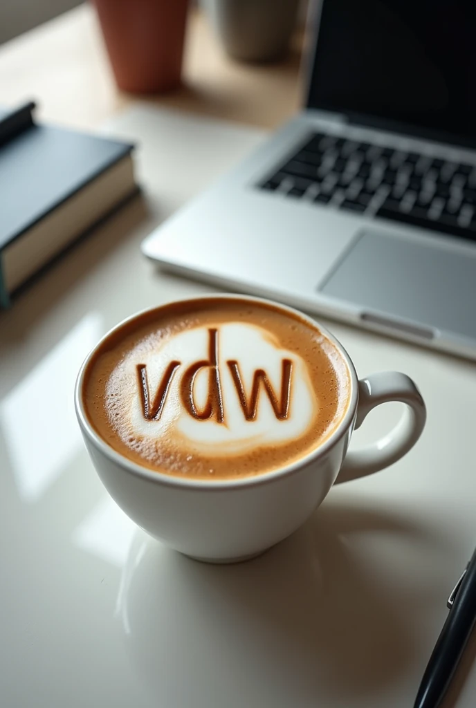 digital ilustration,A cappuccino sits in a simple, white cup on a modern office table. The table is tidy, with a laptop, some notebooks and a pen next to it. (note the size ratio) The centerpiece, however, is the cappuccino: the barista has artfully designed the milk foam so that the letters "vdw" can be seen clearly and precisely on it. The letters are embedded in slightly curved lines and stand out perfectly from the creamy milk foam. The overall look conveys an atmosphere of professionalism and care, with a touch of creativity.