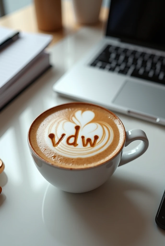 digital ilustration,A cappuccino sits in a simple, white cup on a modern office table. The table is tidy, with a laptop, some notebooks and a pen next to it. (note the size ratio) The centerpiece, however, is the cappuccino: the barista has artfully designed the milk foam so that the letters "vdw" can be seen clearly and precisely on it. The letters are embedded in slightly curved lines and stand out perfectly from the creamy milk foam. The overall look conveys an atmosphere of professionalism and care, with a touch of creativity.