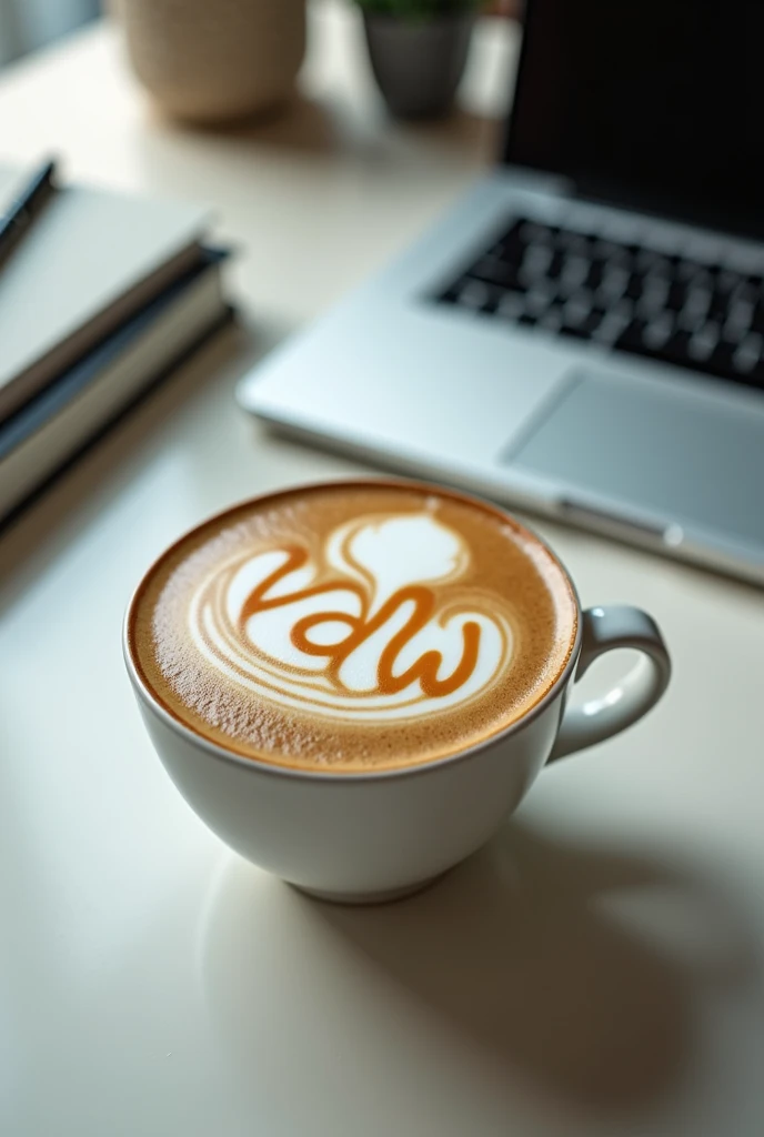digital ilustration,A cappuccino sits in a simple, white cup on a modern office table. The table is tidy, with a laptop, some notebooks and a pen next to it. (note the size ratio) The centerpiece, however, is the cappuccino: the barista has artfully designed the milk foam so that the letters "vdw" can be seen clearly and precisely on it. The letters are embedded in slightly curved lines and stand out perfectly from the creamy milk foam. The overall look conveys an atmosphere of professionalism and care, with a touch of creativity.