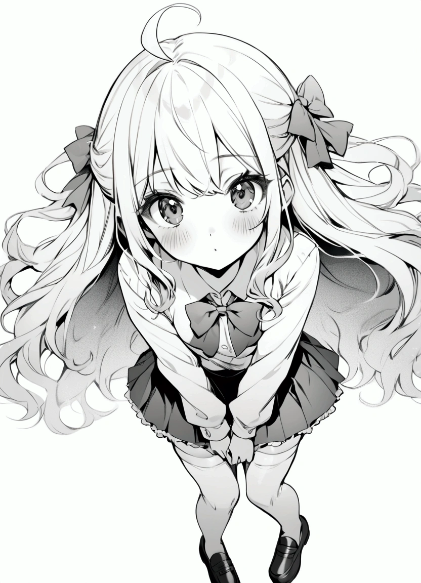 a cartoon character showing off her pretty outfit and skirt she is wearing,, 1girl, thighhighs, ahoge, long hair, blush, looking at viewer, school uniform, skirt, shoes, loafers, monochrome