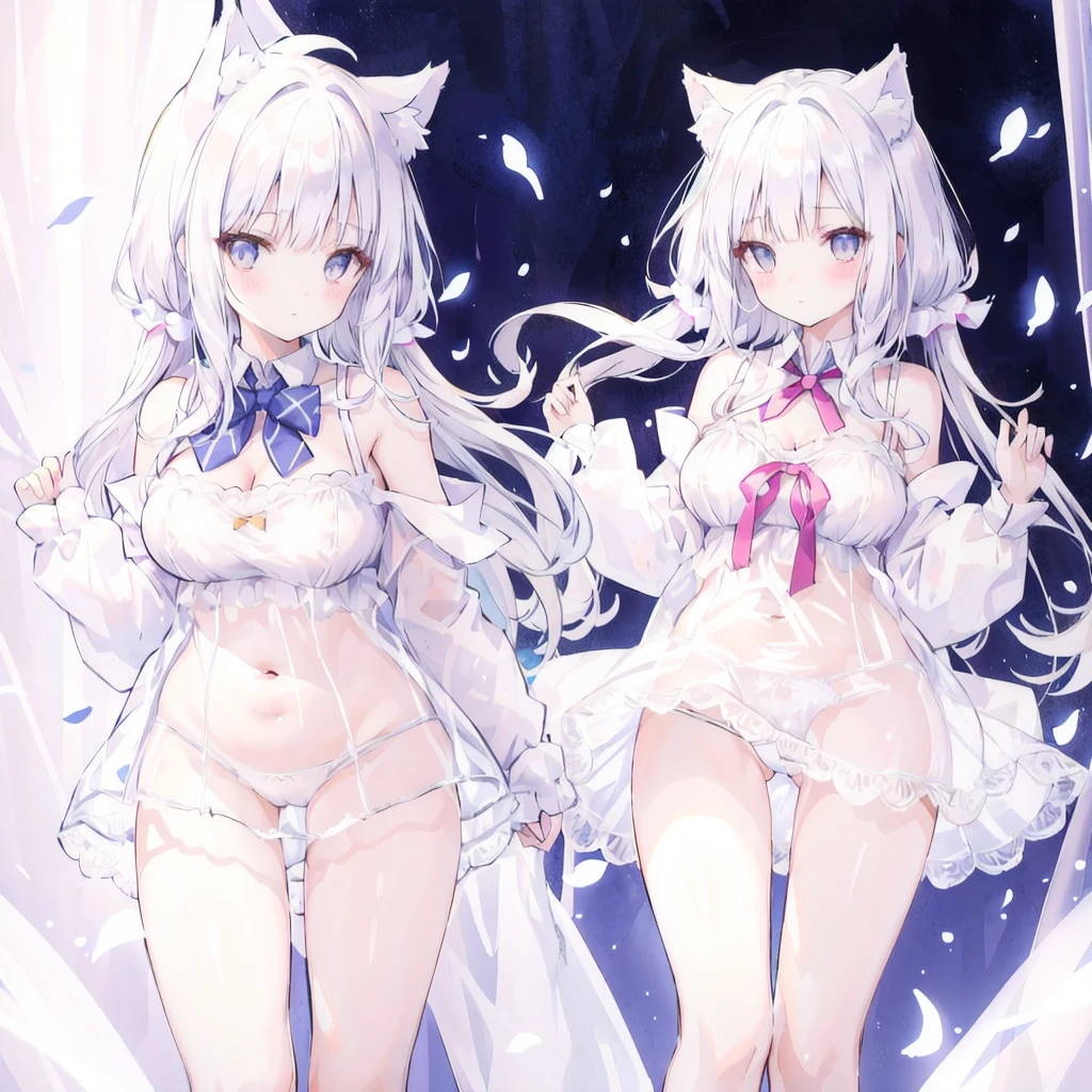 Bare shoulders，Plump breasts，white cat ears，White lace lingerie，White lace panties，translucent school uniform