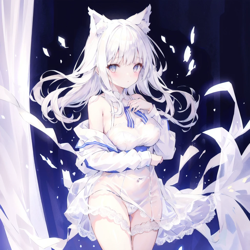 Bare shoulders，Plump breasts，white cat ears，White lace lingerie，White lace panties，translucent school uniform