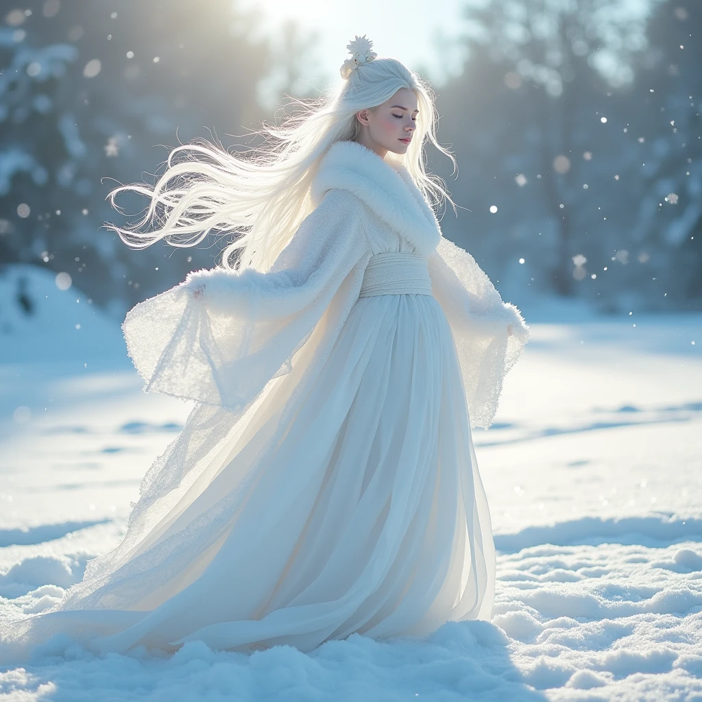 (score_9:1.2), (score_8_up:1.2), (score_7_up:1.2),solo,Perfect anatomy,A beautiful snow woman with flowing white hair and fair skin stands in the middle of a sparkling snow-covered field. She is wearing a majestic, pure white kimono with a long hem that sweeps the snowy ground. Around her, dazzling snow crystals and diamond dust catch the sunlight, creating a mesmerizing display of light and magic. The atmosphere is enchanting, with the winter sun casting a soft glow over the ethereal landscape,BREAK,(best quality:1.3),(best masterpiece:1.3), newest, (intricate details:1.2), ai-generated,depth of field,dynamic angle