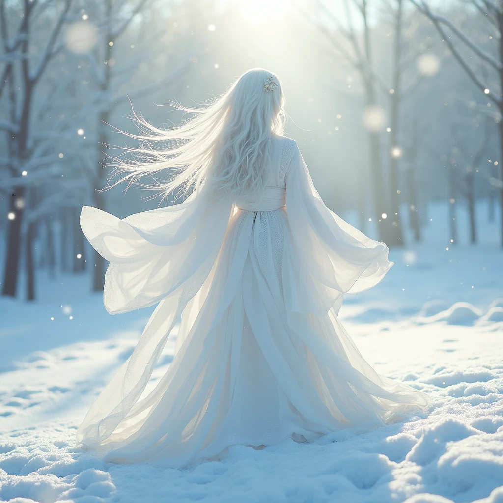 (score_9:1.2), (score_8_up:1.2), (score_7_up:1.2),solo,Perfect anatomy,A beautiful snow woman with flowing white hair and fair skin stands in the middle of a sparkling snow-covered field. She is wearing a majestic, pure white kimono with a long hem that sweeps the snowy ground. Around her, dazzling snow crystals and diamond dust catch the sunlight, creating a mesmerizing display of light and magic. The atmosphere is enchanting, with the winter sun casting a soft glow over the ethereal landscape,BREAK,(best quality:1.3),(best masterpiece:1.3), newest, (intricate details:1.2), ai-generated,depth of field,dynamic angle