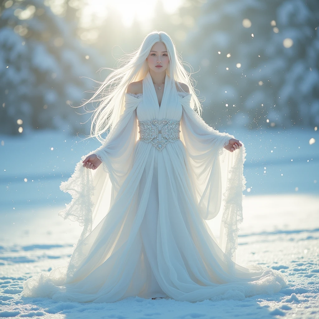 (score_9:1.2), (score_8_up:1.2), (score_7_up:1.2),solo,Perfect anatomy,A beautiful snow woman with flowing white hair and fair skin stands in the middle of a sparkling snow-covered field. She is wearing a majestic, pure white kimono with a long hem that sweeps the snowy ground. Around her, dazzling snow crystals and diamond dust catch the sunlight, creating a mesmerizing display of light and magic. The atmosphere is enchanting, with the winter sun casting a soft glow over the ethereal landscape,BREAK,(best quality:1.3),(best masterpiece:1.3), newest, (intricate details:1.2), ai-generated,depth of field,dynamic angle