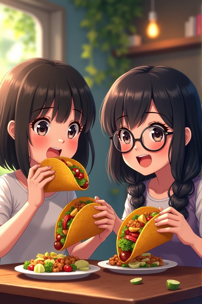 Create an image of two girls eating tacos, both with black hair, one straight and the other wavy, but the wavy one should wear glasses.