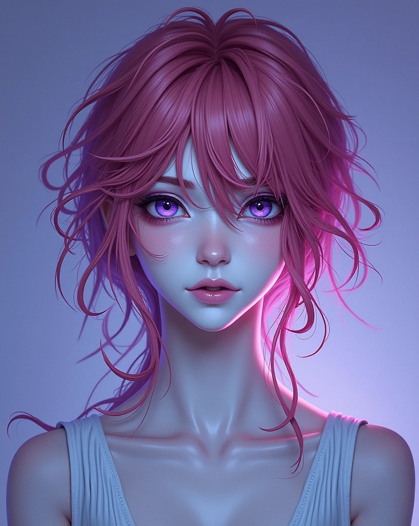 intense red hair, slightly wavy, that fall in layers around her face and shoulders The hair is messy, with some loose strands The hair covers part of her forehead and some strands pass over her eyes The eyes are large and expressive, of a deep purple hue, almost mesmerizing Light skin