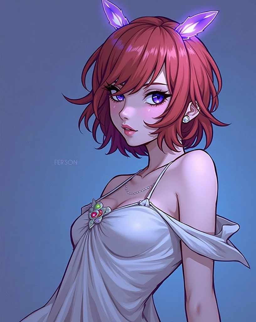 intense red hair, slightly wavy, that fall in layers around her face and shoulders The hair is messy, with some loose strands The hair covers part of her forehead and some strands pass over her eyes The eyes are large and expressive, of a deep purple hue, almost mesmerizing Light skin
