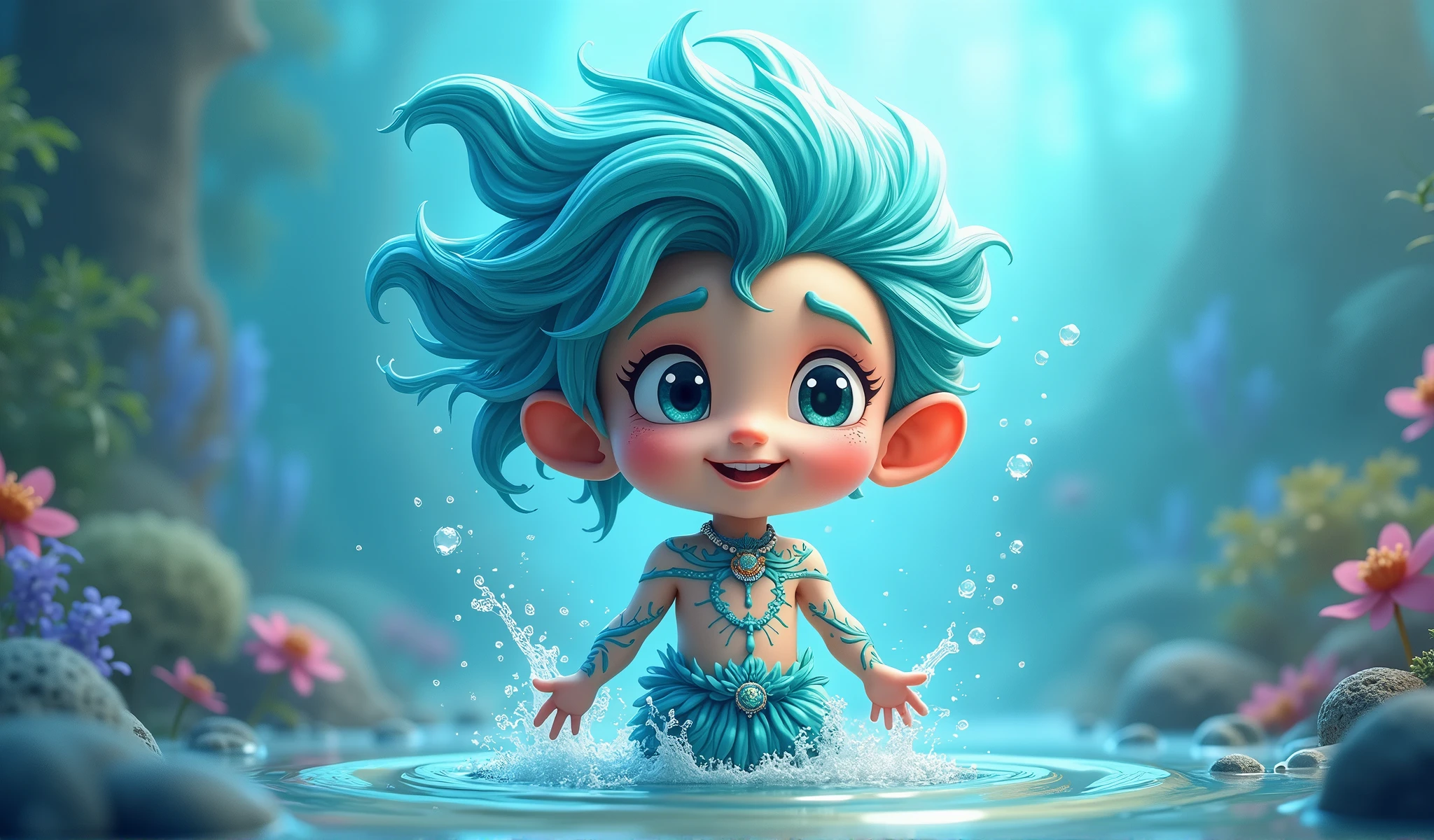 Create a 2D male water element mascot that is cute and expressive, with beautiful eyes and a captivating smile.