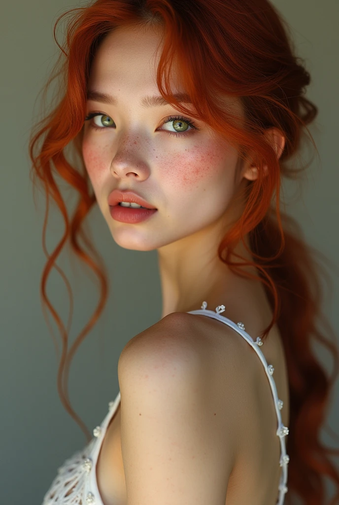 Young freckled redhead Asian woman with green eyes long eyelashes thin nose and graceful curves posing nude 