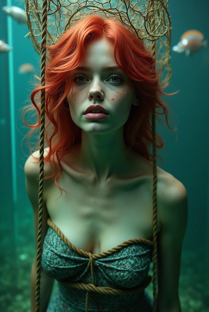 A beautiful mermaid with red hair, realistic, with a rope tied around her body so tight that it had a wound. The face looked closer. and was covered in a net trap Kidnapped and placed in a narrow, brightly colored fish tank.