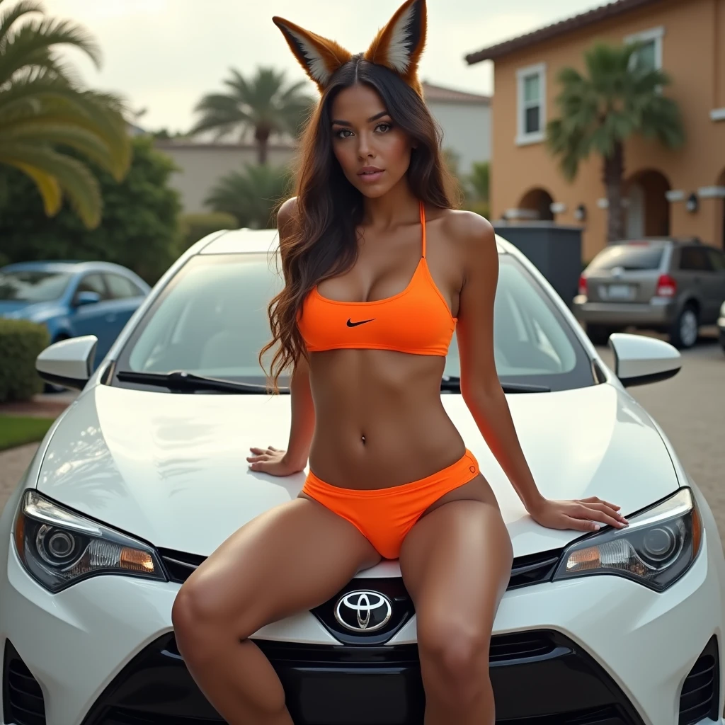Latin woman, 18 years, huge breasts, athletic legs, orange bikini, tennis Nike, fox ears, sitting on the hood of a 2016 Toyota Corolla car