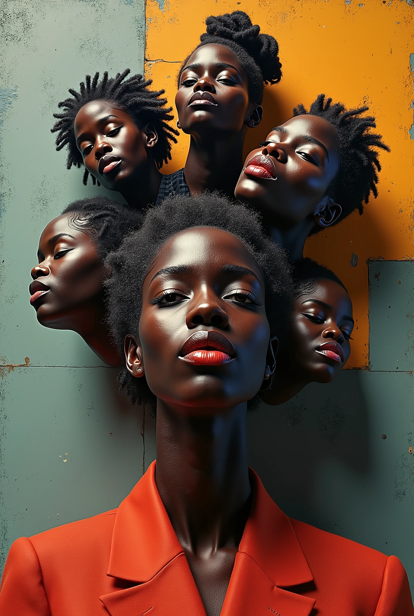 Expressionist artwork images of multiple floating heads of black women, 3d collage style, make it weird and gallery worthy