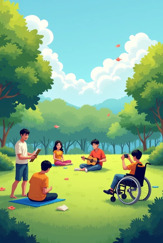 A man drawing and next to him is a man with his guitar and another lying on the grass and on the south side a boy who is in a wheelchair photographing his friend, all 5 are Asian. There are 5 people. The one in the wheelchair taking the photo of his model and the painter boy with his two friends. I want a wide image of an entire park.