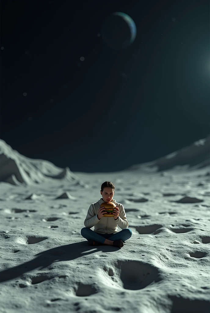 A person in a moon sitting on table eating burger