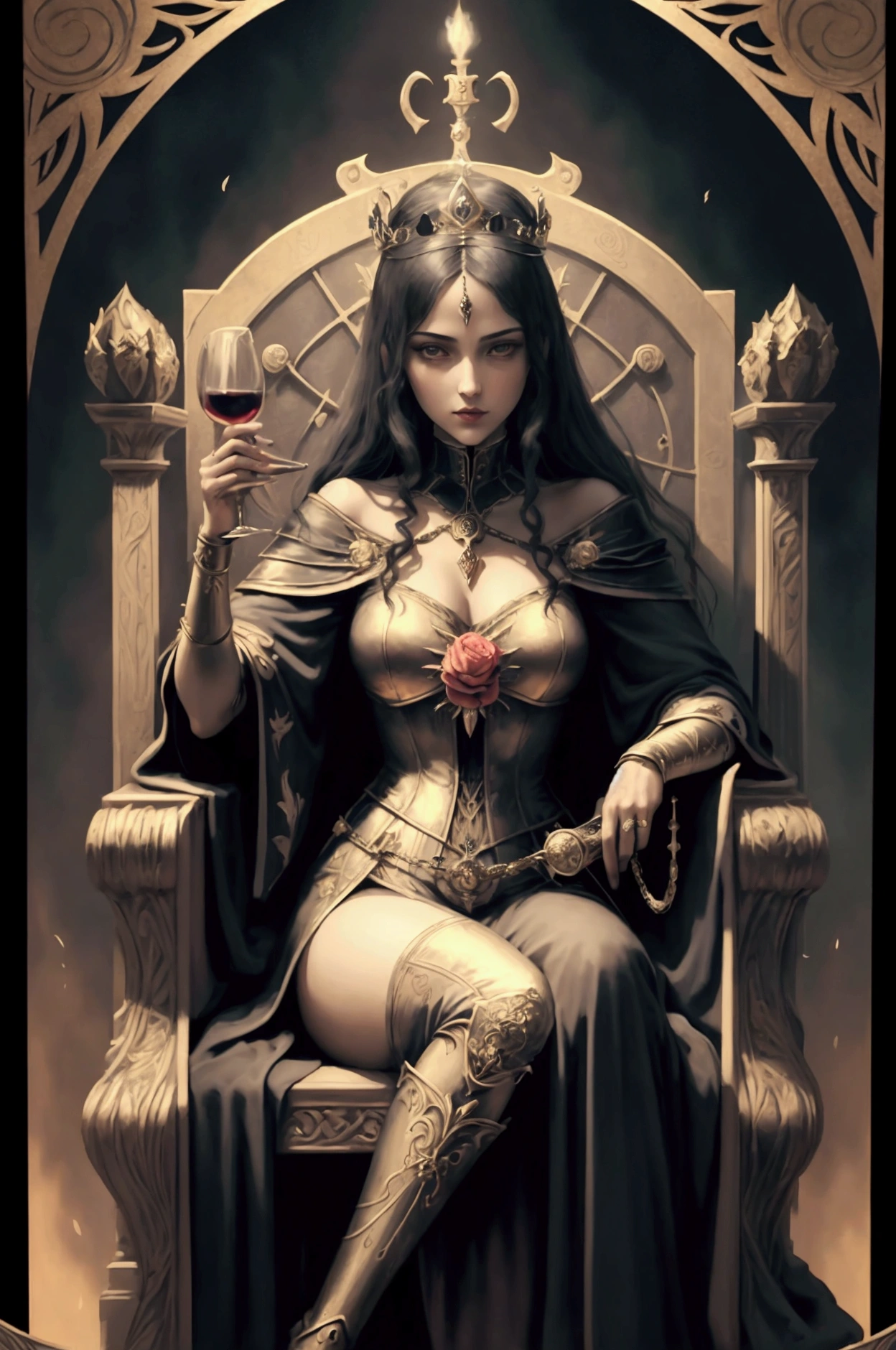 ((best quality)), ((masterpiece)), (detailed), full body portrait, beautiful young female sits on the throne, holding glass of wine in one hand and the crown in the other hand, throne is ma of sharp spires and roses, tarot design, tarot card design, Tarot illustration, high detail + tarot card, tarot card style, tarot card art, Arcana of the Tarot, imperatrice tarot card, The Art of Tarot, old-fashioned tarot card, Tarot of Death, the magician tarot card, tarot card, tarot card layout, muted colours, style gothic , 