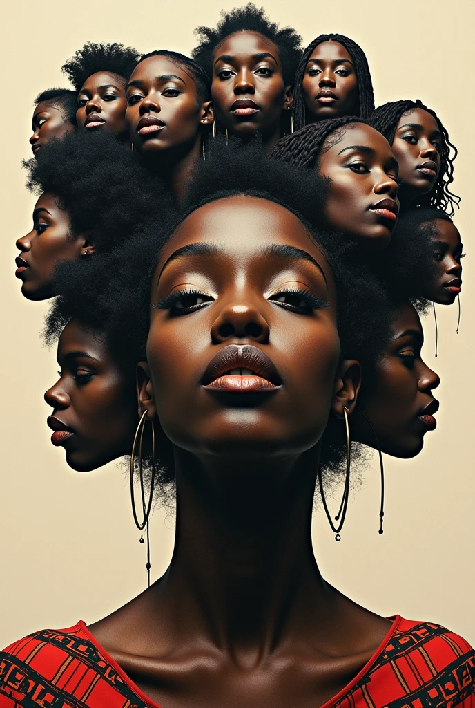 Expressionist artwork images of multiple floating heads of black women, 3d collage style, make it weird and gallery worthy