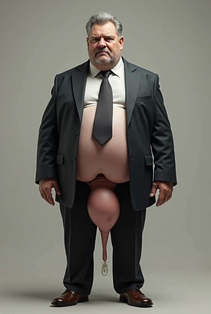 creates the image of a hairy mature man of about 60 years old, short gray hair, He wears a suit and tie. He is without pants and without underwear and he has a very big penis, big balls.