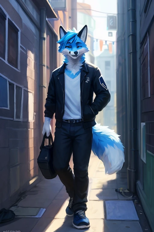 (((A white and blue anthropomorphic male fox with blue eyes and blue hair wearing black jacket and pants holding a baseball bag in a alleyway
.


.
 ))), big chest wearing clothing , day, , sensual, detailed, uploaded to e621, beautiful and detailed portrait of an anthropomorphic , (((male))) uploaded to e621, zaush, foxovh, movie lighting, thicc, alone, movie cover, detailed, 8k res, hires, detailed eyes, good anatomy, good perspective, towards viewer, by bebebebebe, by sicklyhypnos, by gerkk, by orf, nice hands, perfect hands, happy, romantic, ray tracing lighting, rtx on