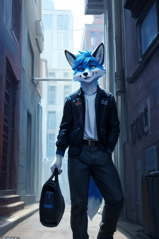 (((A white and blue anthropomorphic male fox with blue eyes and blue hair wearing black jacket and pants holding a baseball bag in a alleyway
.
.
))), big chest wearing clothing , day, , sensual, detailed, uploaded to e621, beautiful and detailed portrait of an anthropomorphic , (((male))) uploaded to e621, zaush, foxovh, movie lighting, thicc, alone, movie cover, detailed, 8k res, hires, detailed eyes, good anatomy, good perspective, towards viewer, by bebebebebe, by sicklyhypnos, by gerkk, by orf, nice hands, perfect hands, happy, romantic, ray tracing lighting, rtx on