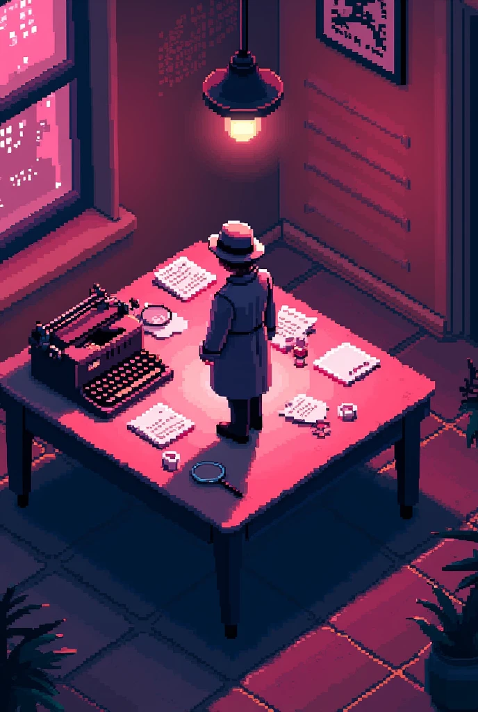 Top view table with pixelart detective aesthetic and pink color