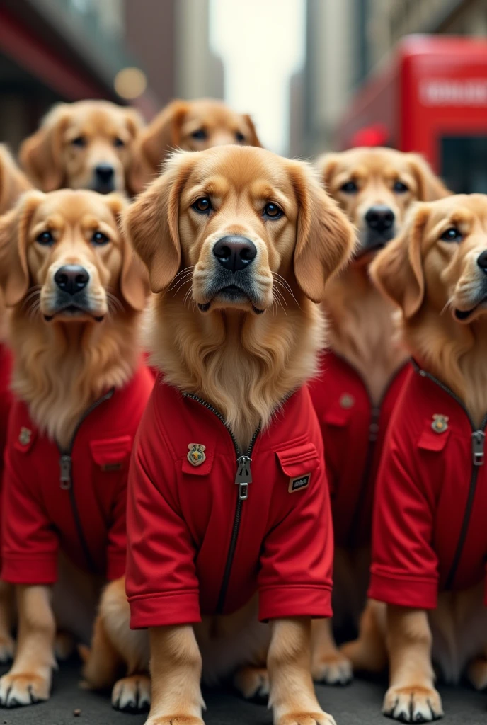 seven golden retrievers with red overalls in the series la casa de papel