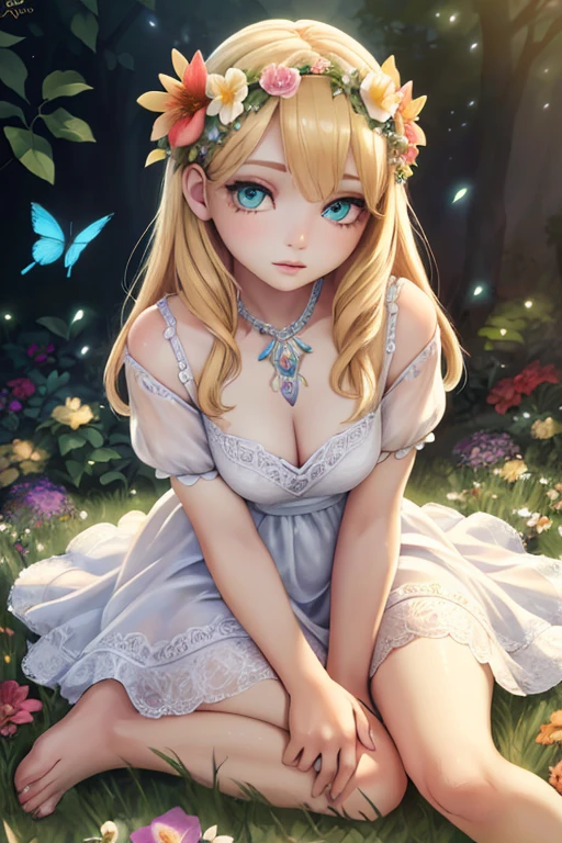 1girl, portrait, garden, flowers, butterflies, hummingbirds, bees, sitting on grass, flower crown, blonde hair, green eyes, pale skin, white dress, barefoot, (best quality,4k,8k,highres,masterpiece:1.2),ultra-detailed,(realistic,photorealistic,photo-realistic:1.37),surreal,hyper detailed,fantasy,vibrant colors,dramatic lighting,volumetric lighting,beautiful detailed eyes,beautiful detailed lips,extremely detailed eyes and face,long eyelashes,mystical,ethereal