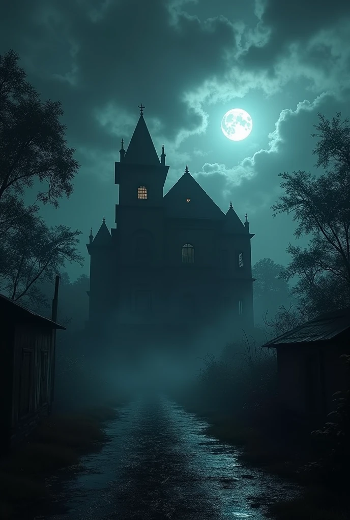 The scene is set in a dark, eerie night with thick clouds obscuring the moon. A dilapidated, old mansion known as "Kali Haveli" stands ominously at the edge of a small village. The wind rustles through the trees, and the atmosphere feels charged with mystery and danger.