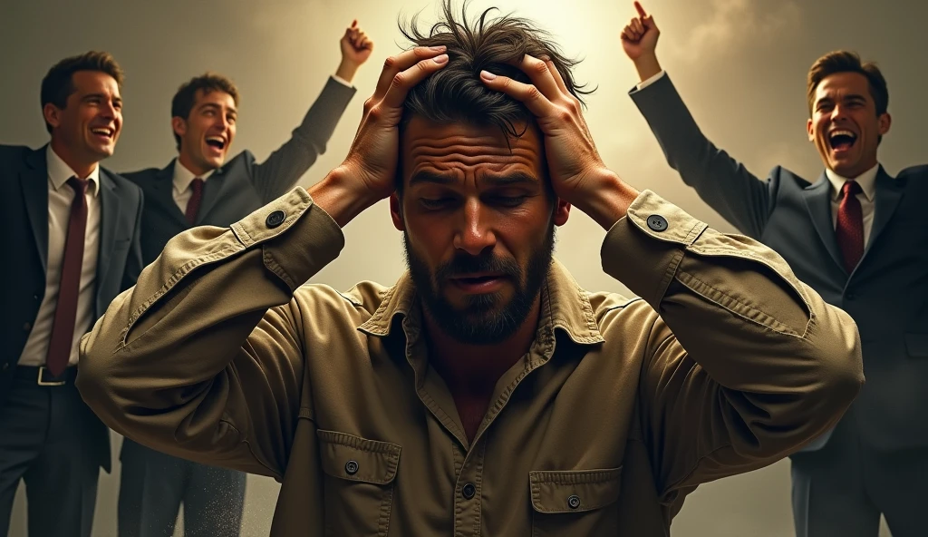 A twisted dramatic scene from A person who never succeeds in his job, desperate with his hands on his head screaming, wearing poor clothes, his friends celebrating success wearing suit and tie in the background, the central person highlighted.
