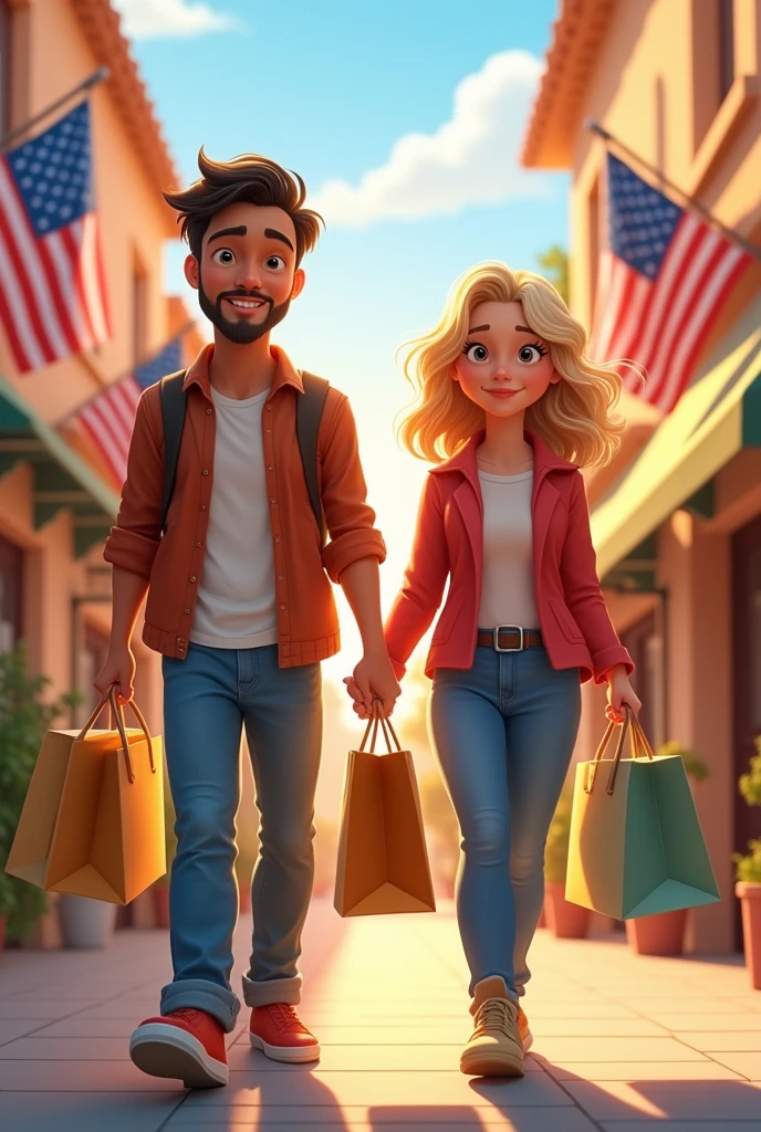 Disney pixar style cover, a couple with shopping bags, He is a beardless Latino with short, wavy hair, She is white with blonde balayage on her hair, In the distance behind you can see the flag of the United States