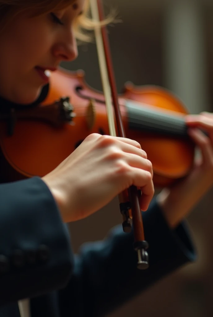 An image showing the perspective of a musician playing a violin, that is, how the person sees the violin from his eyes and where the hands can be clearly seen, including the one holding the bow.