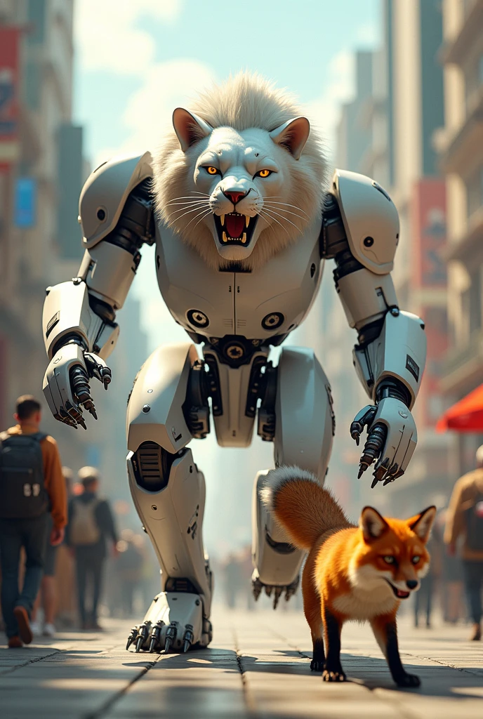 A lion with metal body color white while running in public place fall in fox