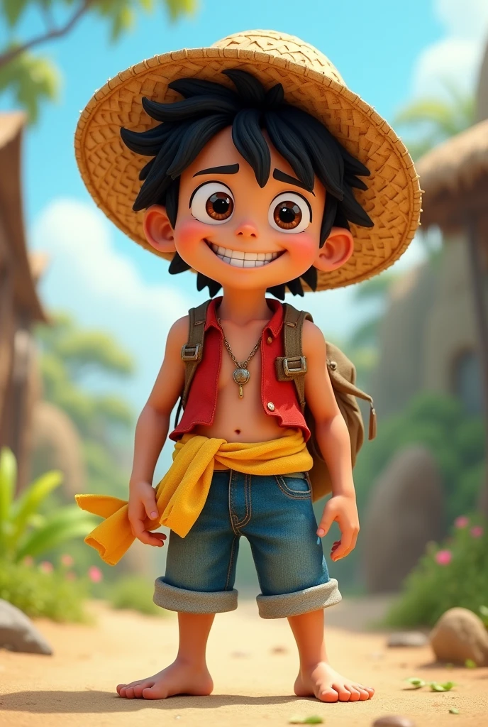 a youthful and energetic appearance. He is usually portrayed with black, disheveled hair.. His most iconic outfit is a sleeveless red shirt., a pair of cropped jeans, and a straw hat he always wears. He is also usually barefoot and wears a yellow sash around his waist.. His wide smile and bright eyes are striking features., reflecting his optimistic and determined personality