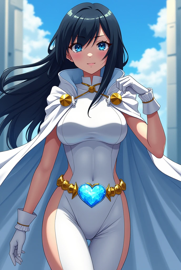 Create a my hero academy character with ny hero academy drawing style that is a girl with white skin and jet black hair with straight blue eyes with wavy tips and with her hero costume with a white dress and cape with a white hood with silk fabric and a delicate gold belt with a light blue crystal heart on the belt and white gloves 
