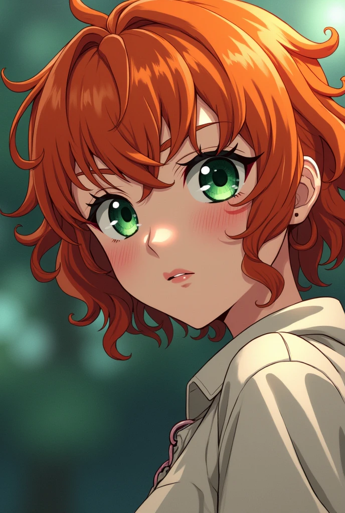 ,Young woman, orange hair, anime style kaiju #8 , curly hair hair cut mane, half body, green eyes