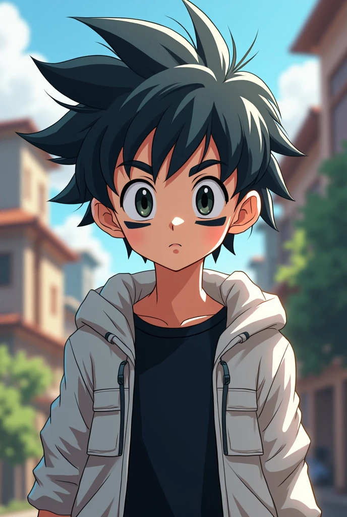 A boy with a black stripe in front of both eyes he has dark gray hair he wears a black t-shirt with a white jacket underneath make him like a dragon ball anime