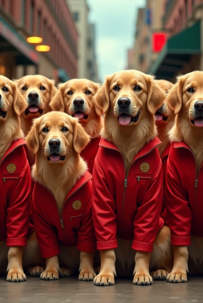 Seven golden retrievers with red overalls in the series la casa de papel